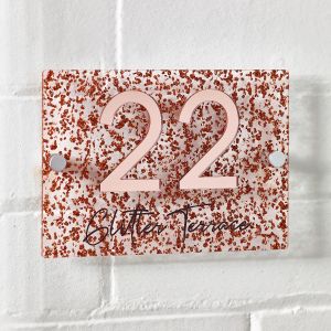 Rose Gold Glitter House Sign Contemporary 3D Door Number Plaque