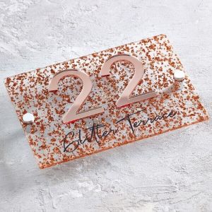 Rose Gold Glitter Contemporary Acrylic House Sign 3D Door Number Plaque