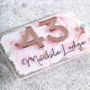 House Sign Modern Contemporary Acrylic Rose Gold Marble Door Number Plaque
