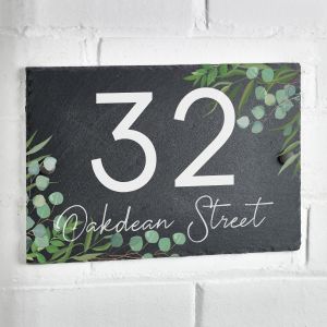 Slate House Sign Rustic Door Number Plaque Eucalyptus Leaf 30cm x 20cm